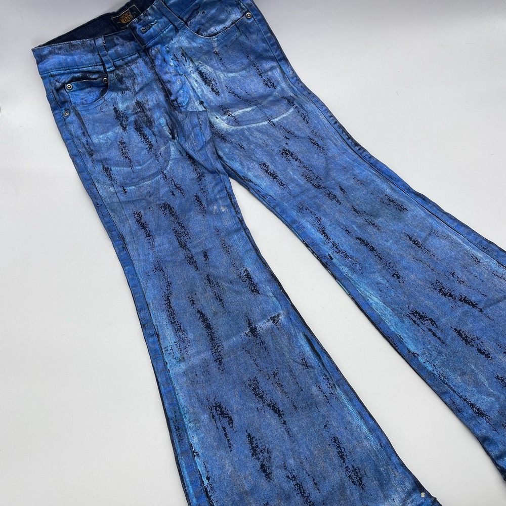 90's Y2k Girls Stretchy Jeans Route 66 Metallic Blue Black Size 7 Flare
